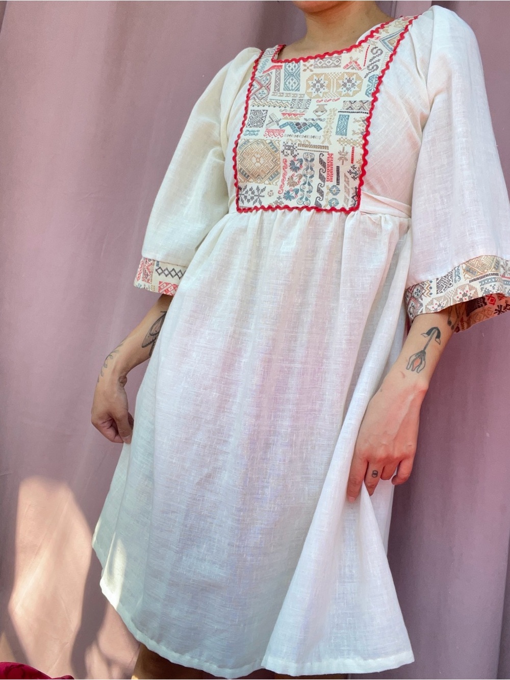 White Linen Patterned Folk Dress